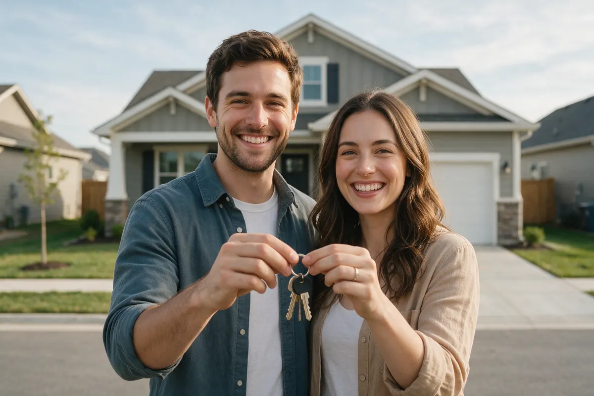 Couple holding keys to their new home