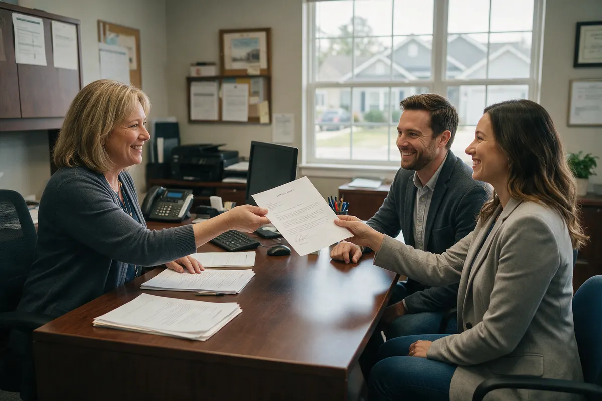 HOA manager handing an estoppel letter to a homebuyer and agent