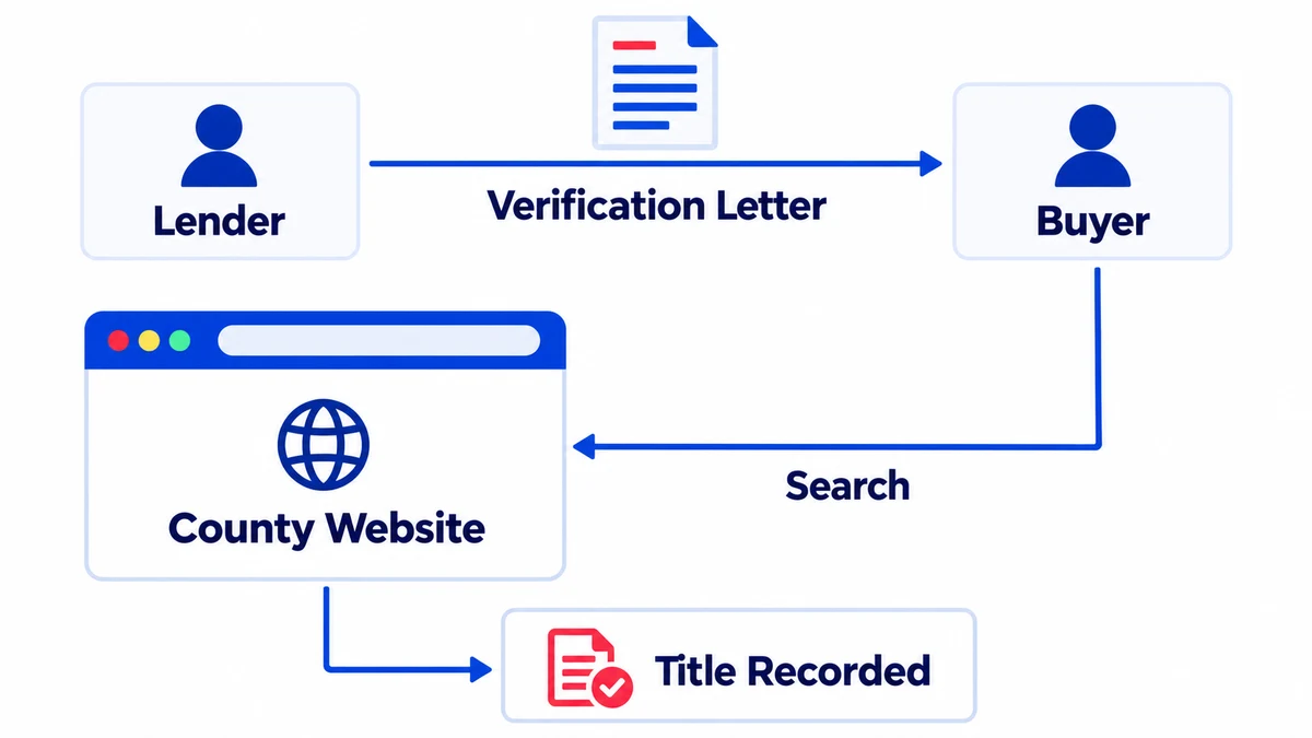 Lien release process: the lender sends a verification letter to the buyer, the buyer searches the county website, and the title is recorded