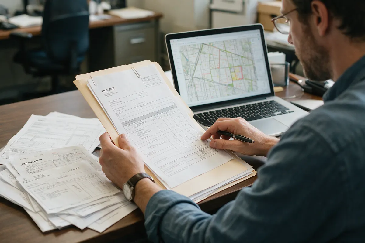 Title researcher reviewing a property file against a city parcel map