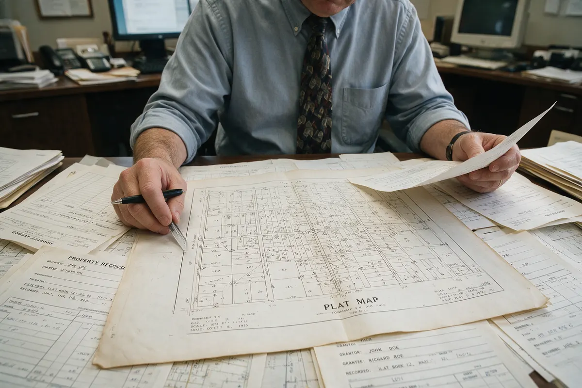 Title examiner reviewing plat maps